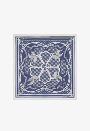 Sciarpa di seta blu navy con un intricato motivo di catena e corda bianca, con frange e un design geometrico. Bordata con un contrastante bordo bianco.