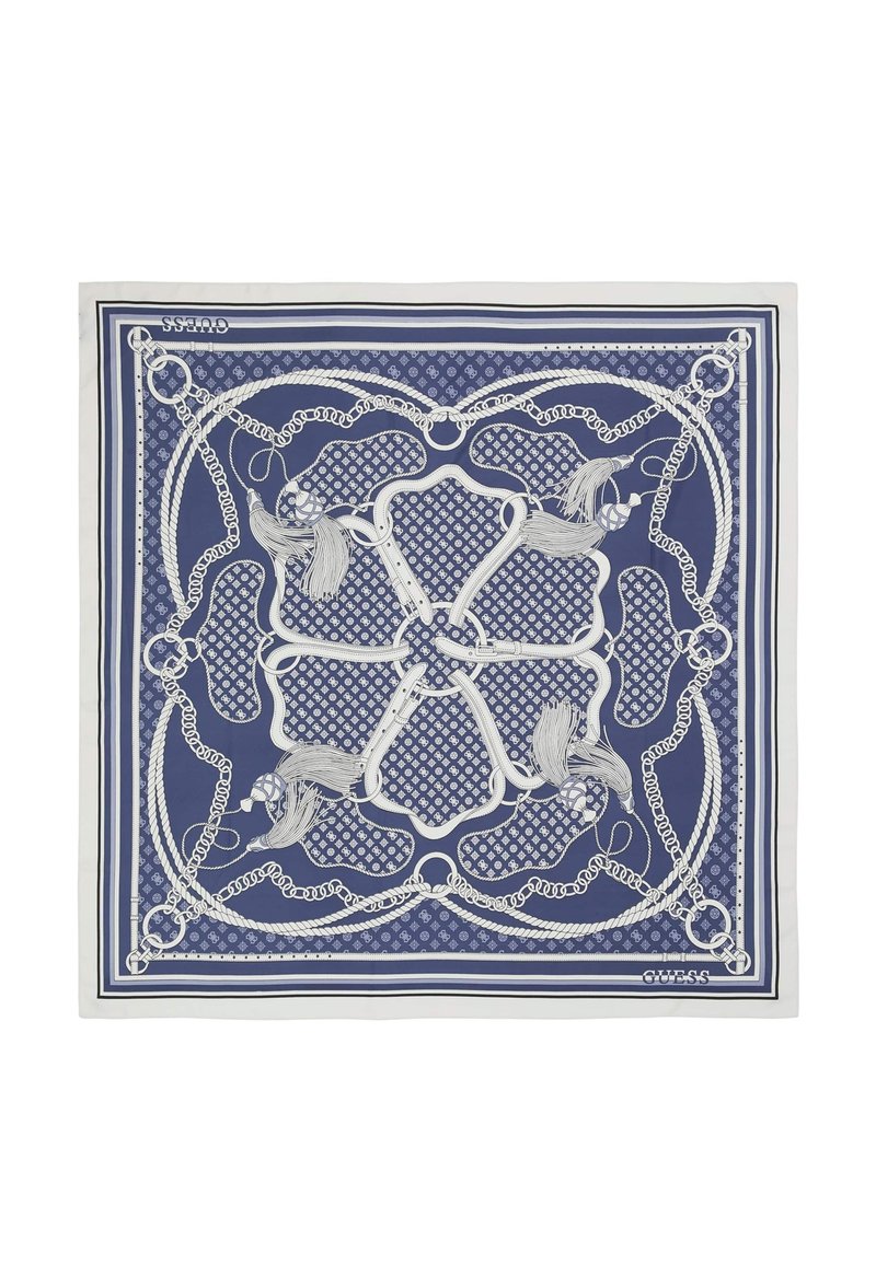 Écharpe en soie navy avec un motif complexe de chaînes et de cordes blanches, ornée de franges et d'un design géométrique. Bordée d'un contour blanc contrastant.