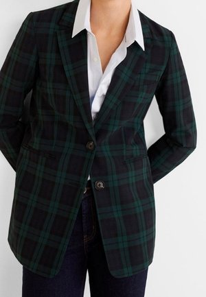 Person iført en mørkegrøn og marineblå ternet blazer over en hvid skjorte med krave og mørkeblå jeans mod en hvid baggrund.