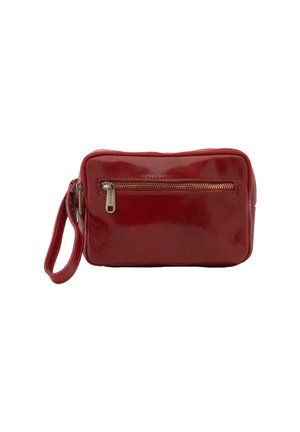 Red leather bag with a glossy finish, rectangular shape, zippered front pocket, and detachable wrist strap. Durable and compact design.