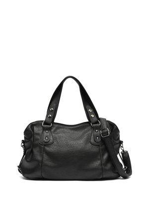 Zwarte leren handtas met dubbele handvatten, zilveren studs en een verstelbare schouderriem op een witte achtergrond.