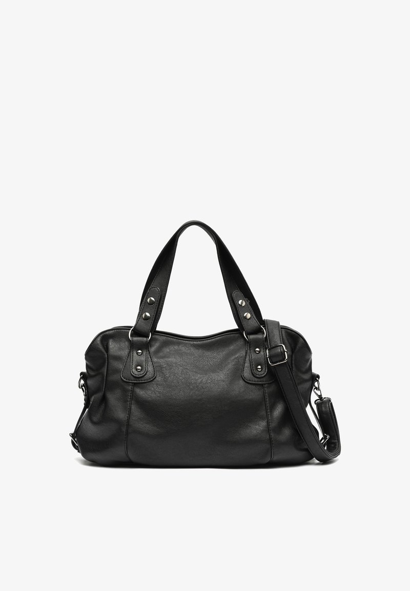 Black leather handbag with double handles, silver studs, and an adjustable shoulder strap on a white background.