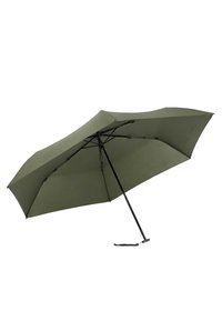 Ombrello verde con una struttura in metallo nero robusta, caratterizzato da una forma della copertura arrotondata e da una superficie in tessuto testurizzato. Include una cinghia per la maniglia.