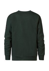 Felpa verde scuro con maniche lunghe, girocollo, polsini e orlo a costine, e una piccola etichetta logo sulla manica sinistra. Tessuto morbido.