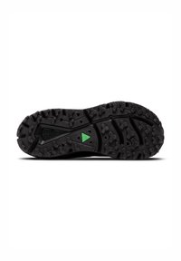 Suela de zapato de goma negra con surcos profundos para tracción, con un acento de triángulo verde y patrones texturizados para una mejor agarre.