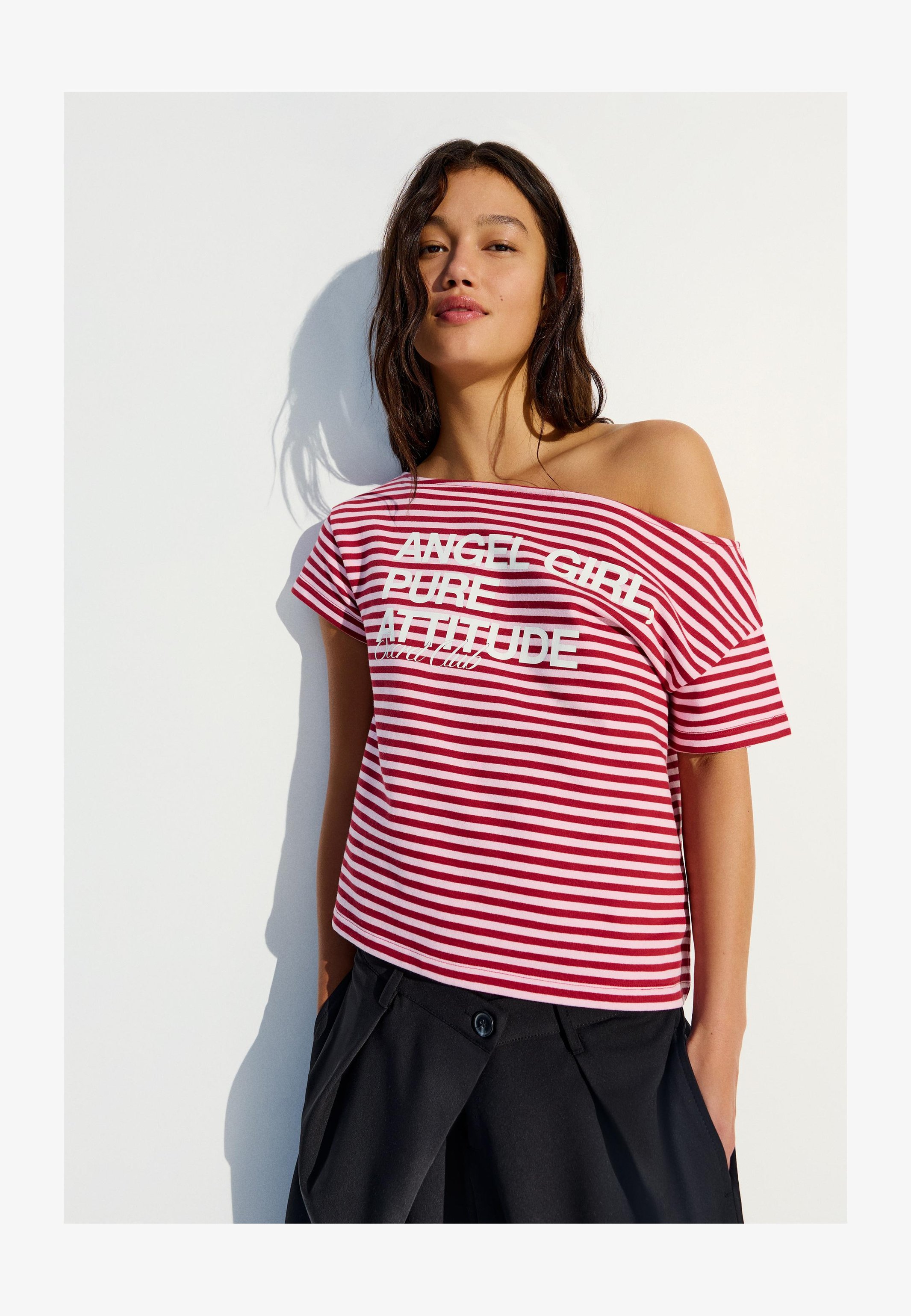 Maglietta Estiva Donna A Maniche Corte Con Stampa A Righe E Taglio Raglan - Top Casual Rosso - Taglia XL