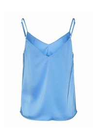 Modrá saténová tielko s výstrihom do V, tenkými nastaviteľnými ramienkami a voľným strihom, ktoré má hladkú textúru a čisté línie.