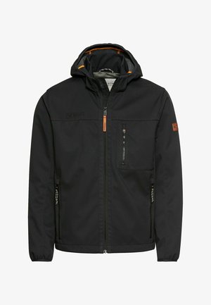 Schwarze Kapuzenjacke mit Frontreißverschluss, Reißverschluss-Brusttasche und seitlichen Taschen, orangefarbene Akzente und "Adventures"-Text auf der Brust.