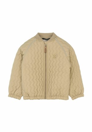 Beige quiltet bomberjakke med ribbet krave, elastiske manchetter og lynlåslukning foran med lille logo-detalje.