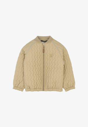 Quilted beige bomber jacket featuring a ribbed collar, elastic cuffs, and a zippered front closure with a small logo detail.