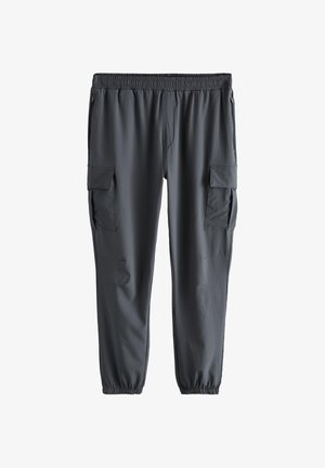 Donkergrijze cargobroek met elastische taille en manchetten, met ritssluitingen aan de zijkanten en klepzakken op elke dij.