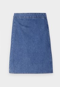 Demi-skjørt i mellomblått, med en tilpasset midje og rett snitt. Har en jevn tekstur og enkel kant.