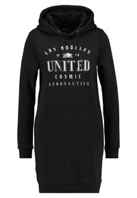 Robe à capuche noire avec une poche avant, ornée d'un texte blanc "LOS ANGELES UNITED COSMIC AERONAUTICS" dans un design graphique. Texture douce.