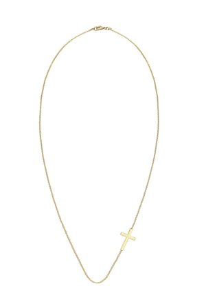 Gouden ketting met een klein gouden kruisje als hanger, iets buiten het midden geplaatst op een witte achtergrond.