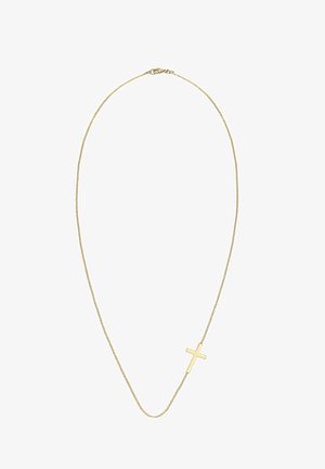 Collier chaîne en or avec un petit pendentif croix en or positionné légèrement décentré sur fond blanc.