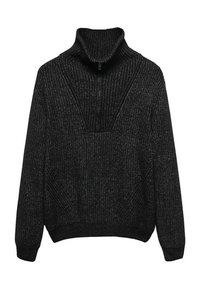 Schwarzer Strickpullover mit hohem Kragen, der ein strukturiertes Muster und tief angesetzte Schultern aufweist. Gerippte Bündchen und Saum runden das Design ab.
