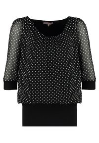 Schwarze Bluse mit transparenten Ärmeln mit Tupfenmuster, rundem Ausschnitt und einfarbigem schwarzen Körper. Mit gerafftem Detail an der Vorderseite und breiten Manschetten.