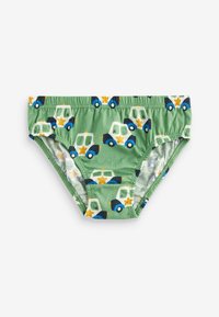 Slip de bain vert avec un motif de véhicule cartoon et des accents bleus et jaunes. Fabriqué en tissu léger et extensible pour le confort.