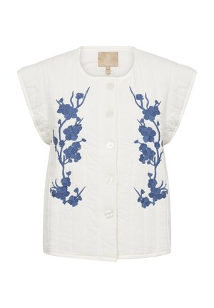 Gequilted witte vest met blauwe bloemenborduring, voorzien van een ronde halslijn, korte mouwen en vijf knopen aan de voorkant.