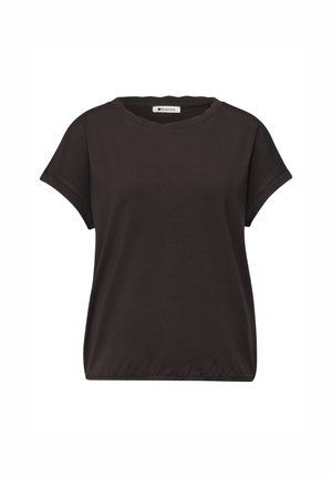 Sort kortærmet damskjorte med rund halsudskæring med diskret bølget kant og elastisk kant for en afslappet pasform.