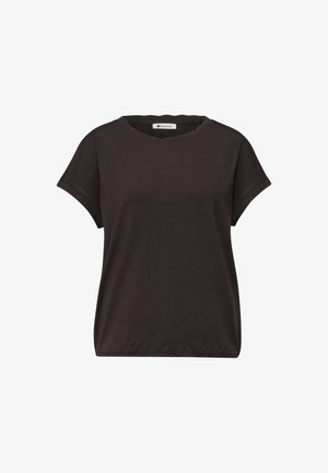 Sort kortærmet damskjorte med rund halsudskæring med diskret bølget kant og elastisk kant for en afslappet pasform.