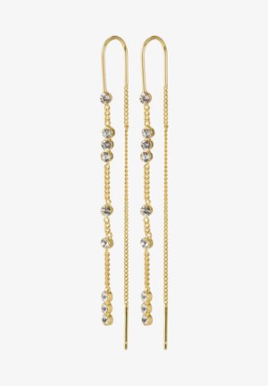 Boucles d'oreilles dorées avec un design en chaîne, ornées de petites cristal disposés en motif le long de chaque boucle.