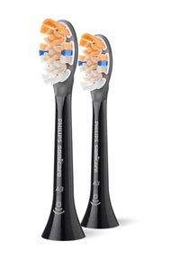 Têtes de brosse noires Philips Sonicare A3 avec des segments de poils de couleur variée : orange, blanc et bleu, présentant un design contouré.