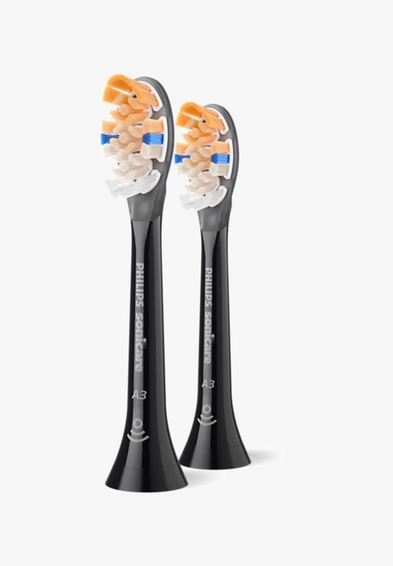 Têtes de brosse noires Philips Sonicare A3 avec des segments de poils de couleur variée : orange, blanc et bleu, présentant un design contouré.