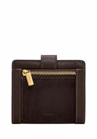 Portefeuille en cuir marron à finition texturée, doté d'une poche zippée dorée et de surpiqûres apparentes. Design compact et carré.