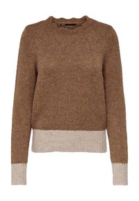 Brauner gestrickter Pullover mit einem gerippten beigen Saum und Bündchen. Mit Rundhalsausschnitt und einem strukturierten Muster über das gesamte Sweatshirt.