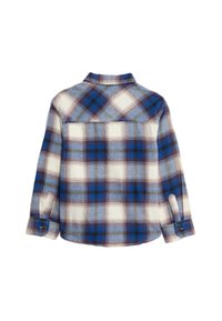 Camicia a quadri con una combinazione di colori blu, bianco e bordeaux, realizzata in tessuto morbido, con colletto e polsini con bottoni. Vista posteriore mostrata.