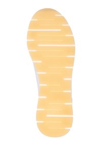 Shoe sole with a rubber outsole, featuring a yellow base and white horizontal stripes for traction. Curved shape for ergonomic design.