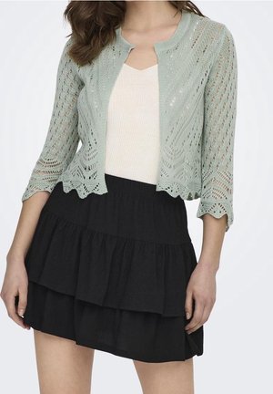 Cardigan aperto di colore verde chiaro con scollatura rotonda e maniche a tre quarti, abbinato a una gonna nera a balze.