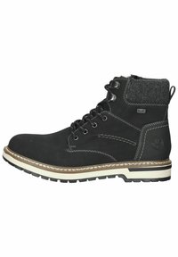 Bota de cuero negro con cuello de textil gris, diseño de cordones, costura blanca en contraste y suela de goma con agarre texturizado.