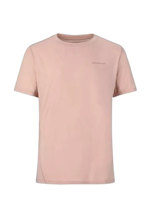 Lichtroze korte mouw atletisch T-shirt met ronde hals en kleine "ENDURANCE" tekst op de linkerborst, eenvoudig ontwerp zonder patronen.