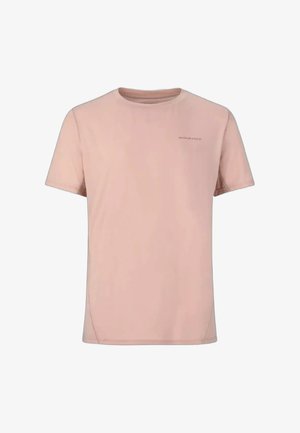 Lichtroze korte mouw atletisch T-shirt met ronde hals en kleine "ENDURANCE" tekst op de linkerborst, eenvoudig ontwerp zonder patronen.