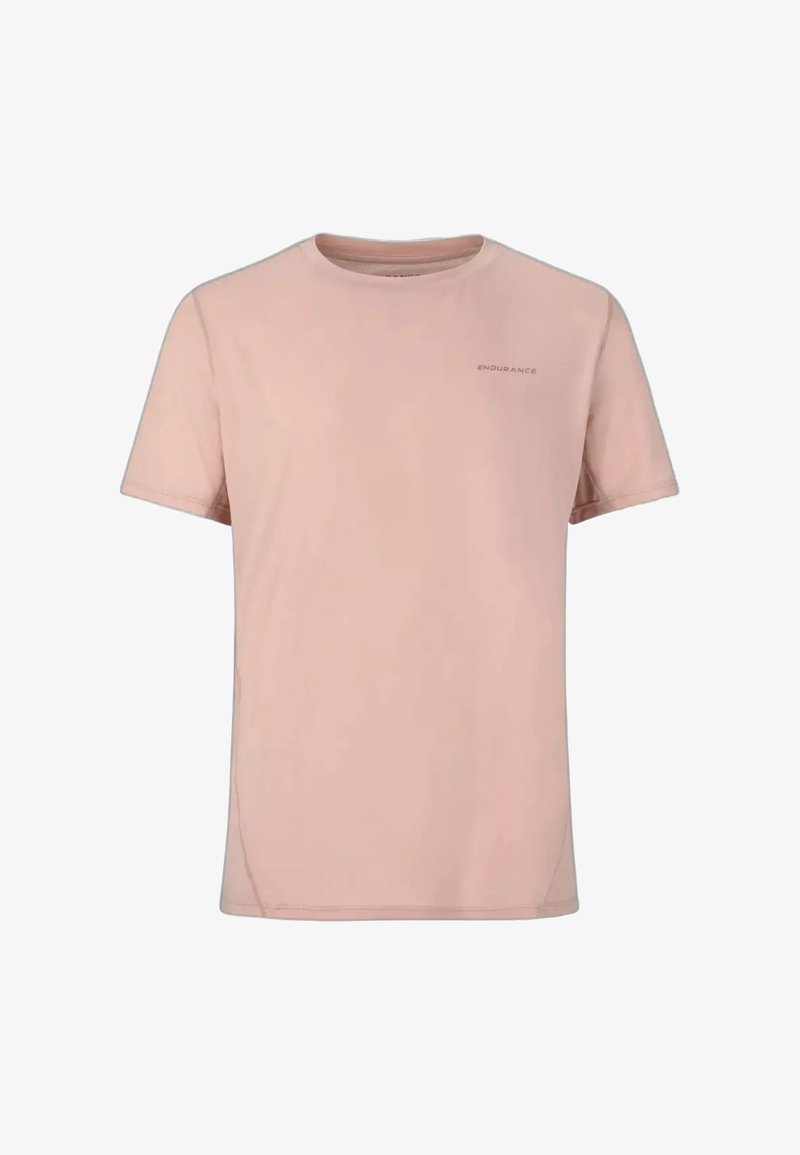 T-shirt de sport rose clair à manches courtes avec col rond, petit texte "ENDURANCE" sur la poitrine gauche, design uni sans motifs.