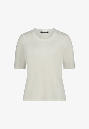 Haut blanc en maille texturée à manches courtes avec un col rond et une silhouette ajustée.