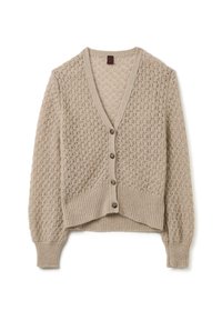 Cardigan lavorato a maglia beige con scollo a V, motivo testurizzato, polsini a coste e cinque bottoni. Design accorciato con vestibilità rilassata e tessuto morbido.