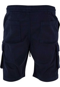 Marineblaue Cargo-Shorts mit einem elastischen Bund, zwei Seitentaschen und zwei Gesäßtaschen, aus leichtem Stoff gefertigt.