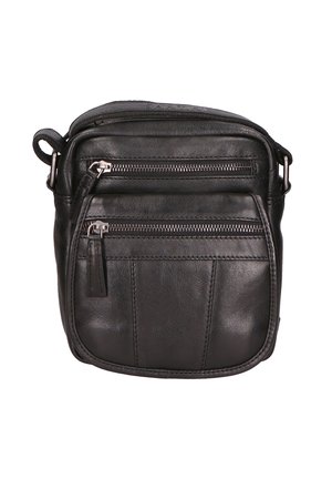 Borsa a tracolla nera in pelle con due tasche frontali con zip, texture liscia e tracolla regolabile. Forma quadrata compatta con dettagli di cucitura sottili.