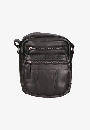 Black leather crossbody bag with two zippered front pockets, smooth texture, and adjustable strap. Compact square shape with subtle stitching details.