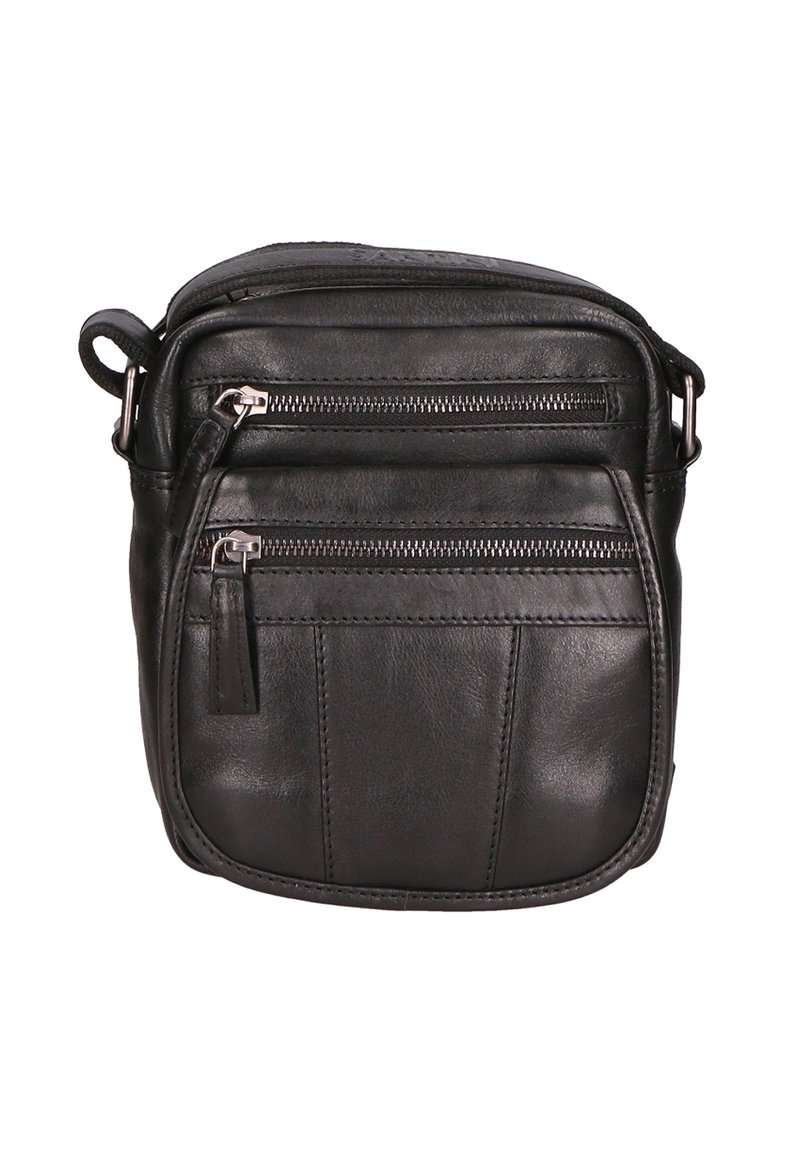 Borsa a tracolla nera in pelle con due tasche frontali con zip, texture liscia e tracolla regolabile. Forma quadrata compatta con dettagli di cucitura sottili.