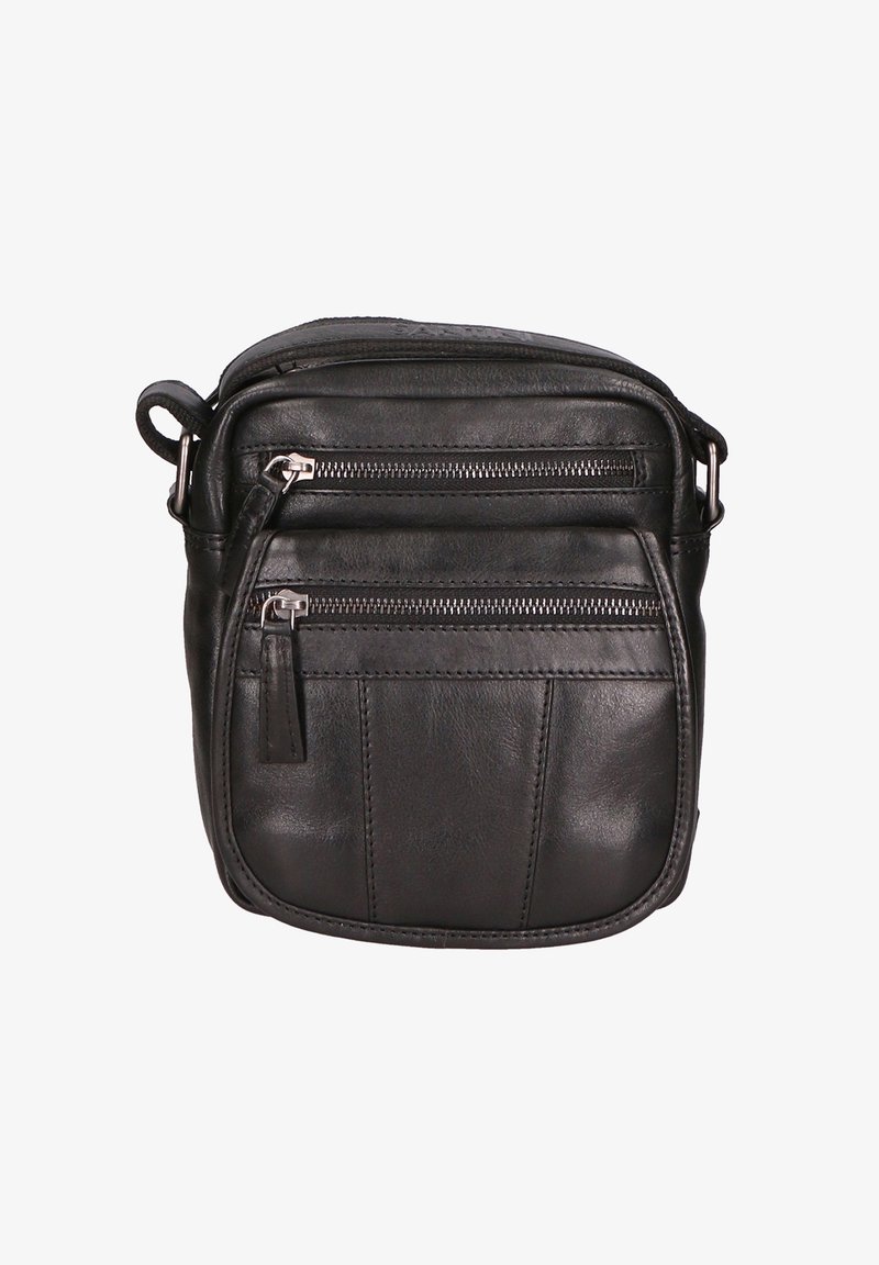 Borsa a tracolla nera in pelle con due tasche frontali con zip, texture liscia e tracolla regolabile. Forma quadrata compatta con dettagli di cucitura sottili.