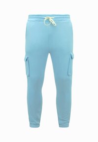 Lichtblauwe joggingsbroek van zacht materiaal, met een trekkoord in de taille en zijcargozakken. Tapered fit met gebreide enkels.