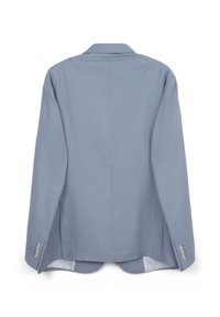 Helle blaue Herrenblazer von hinten dargestellt, mit langen Ärmeln und vier Knöpfen an den Manschetten sowie einer einzelnen Rückennaht.