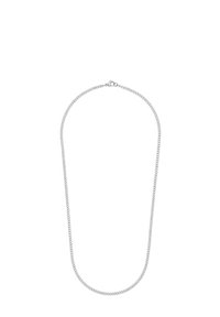 Collana in argento caratterizzata da un design elegante a maglia. La catena è uniforme in spessore, con una texture liscia e una chiusura a moschettone.
