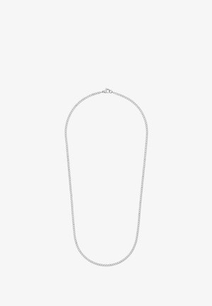 Zilveren ketting met een elegante schakelontwerp. De ketting is gelijkmatig in dikte, heeft een gladde textuur en een sluiting met een haak.