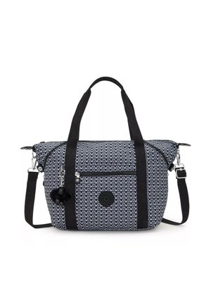 Blue patterned bag with black straps, zippered pocket, and a round logo. Features a detachable pom-pom accessory. Made of durable fabric.