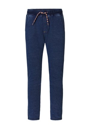 Pantalon jogger tricoté bleu marine avec taille élastique, lien à nouer, poches latérales et détails cousus aux genoux.